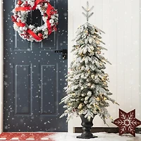 5ft. Pre-Lit Flocked Berry Fir Artificial Christmas Porch Tree in Urn, Warm White Lights