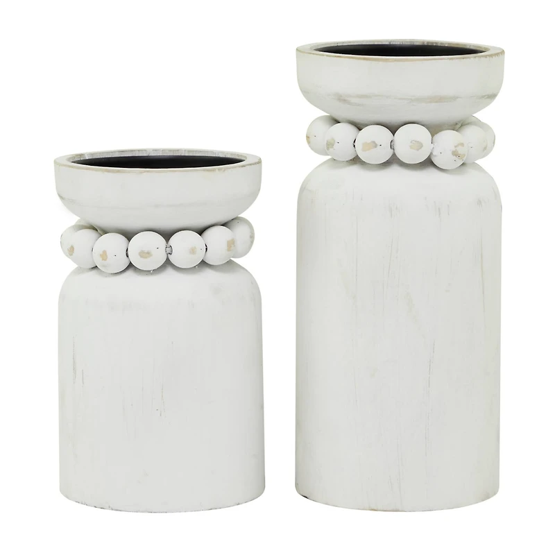 White Wood Beaded Pillar Candle Holder Set