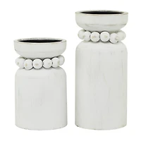 White Wood Beaded Pillar Candle Holder Set