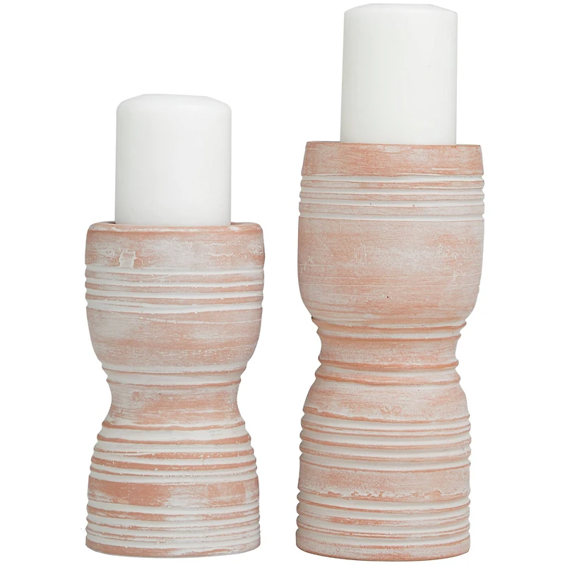 Whitewashed Ribbed Terracotta Candle Holder Set