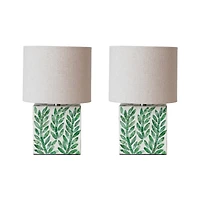 Hello Honey® 14" Green Botanical Pattern Reclaimed Wood & Shell Table Lamp with Linen Shade, 2ct.