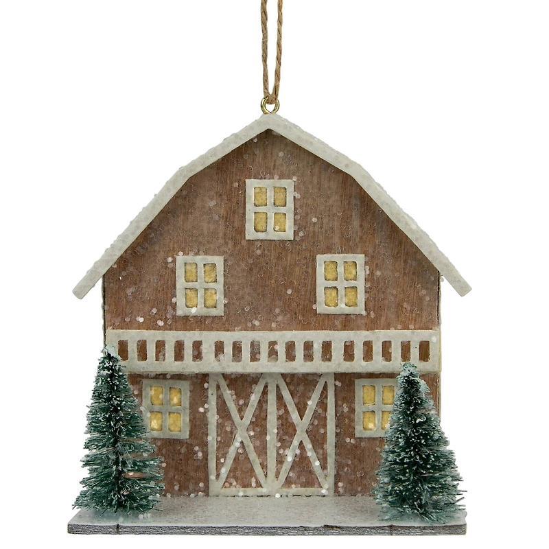 4" Battery Operated Lighted Rustic House with Trees Christmas Ornament