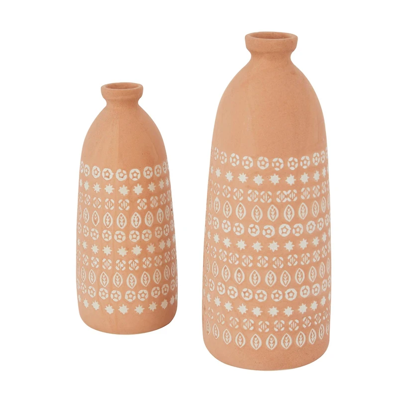 Set of 2 Pink Stoneware Rustic Vases, 15" x 5" x 5"