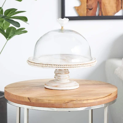 12.25" Cream Wood Cake Stand with Glass Dome Tabletop Décor