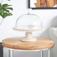 12.25" Cream Wood Cake Stand with Glass Dome Tabletop Décor