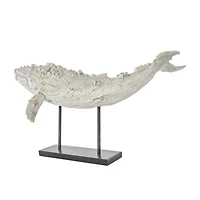 32" Cream Polystone Whale Sculpture with Brown Distressing & Black Metal Stand