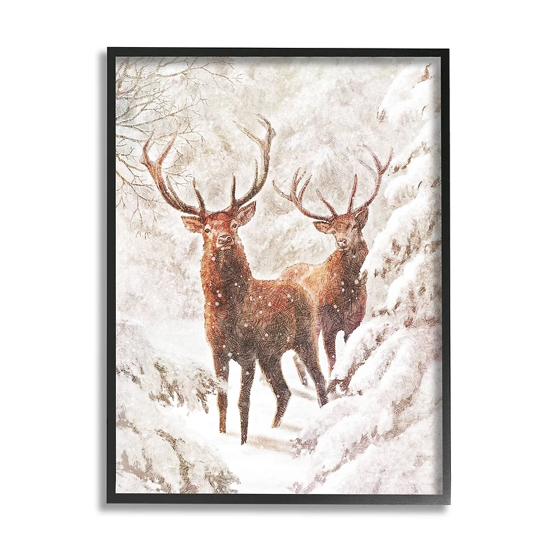 Stupell Industries Elks Snowy Forest Wildlife Black Framed Giclee Art
