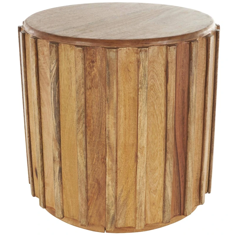 18.25" Brown Mango Wood Handmade Concaved Curve Drum Accent Table with Ridges