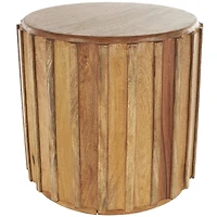 18.25" Brown Mango Wood Handmade Concaved Curve Drum Accent Table with Ridges