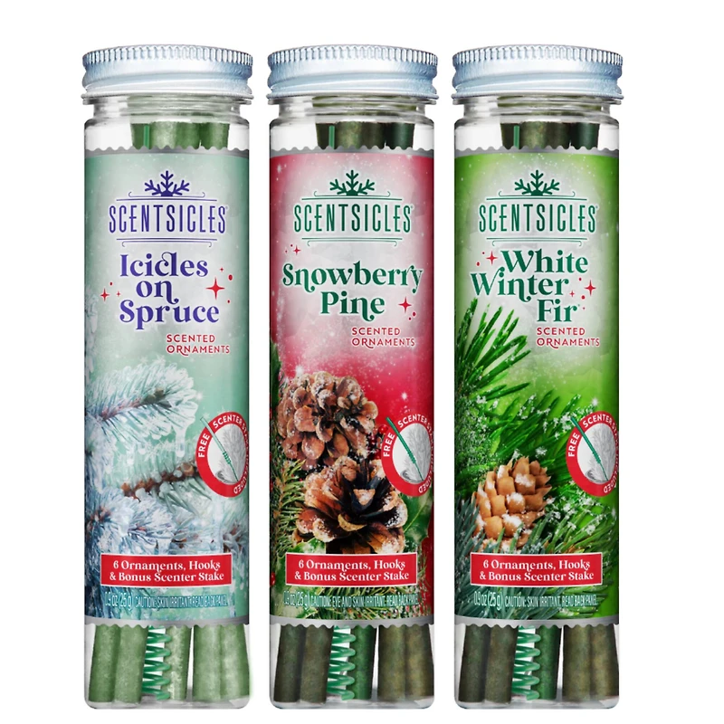 Scentsicles Scented Ornament Stick White Winter Fir, Snowberry Pine and Icicles on Spruce Sticks, 3 Pack of 6