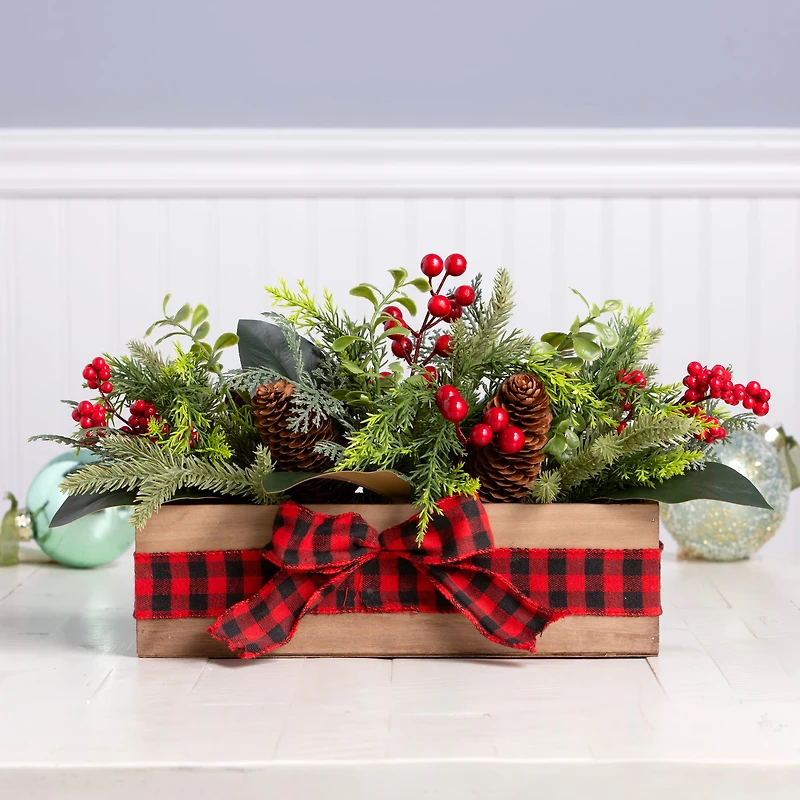 17" Christmas Classic Cypress, Pinecone & Berry Centerpiece in Wood Planter with Red Buffalo Check Bow