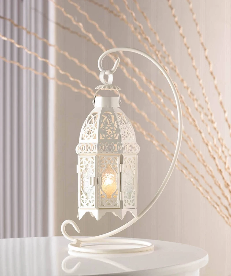 13" White Ornate Candle Lantern with Stand