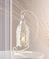 13" White Ornate Candle Lantern with Stand