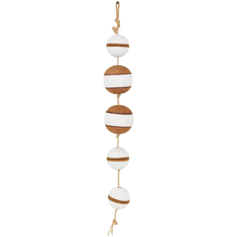 Brown Wood Buoy Two-Toned Striped Hanging Home Wall Décor with White Accents and Jute Rope