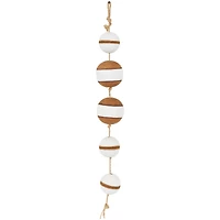 Brown Wood Buoy Two-Toned Striped Hanging Home Wall Décor with White Accents and Jute Rope