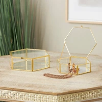 Clear & Gold Glass & Metal Hexagon Jewelry Box with Chain Accent Set