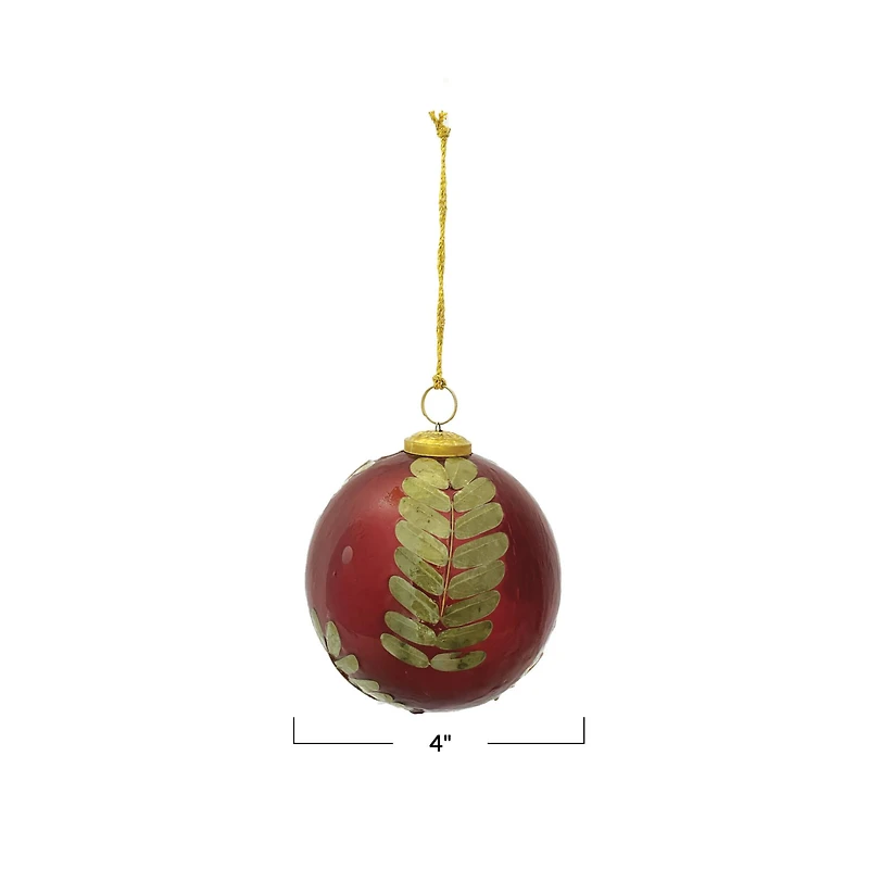 Hello Honey® 4" Red & Gold Embedded Eucalyptus Leaf Ball Glass Ornament