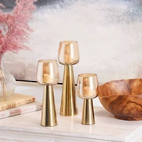 Contemporary Stainless Steel & Glass Candle Holder Set