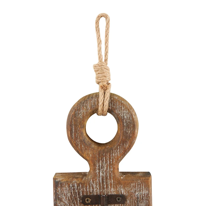 Whitewashed Brown Wood Anchor Wall Hook Set with 4 Bronze Hangers and Hanging Rope