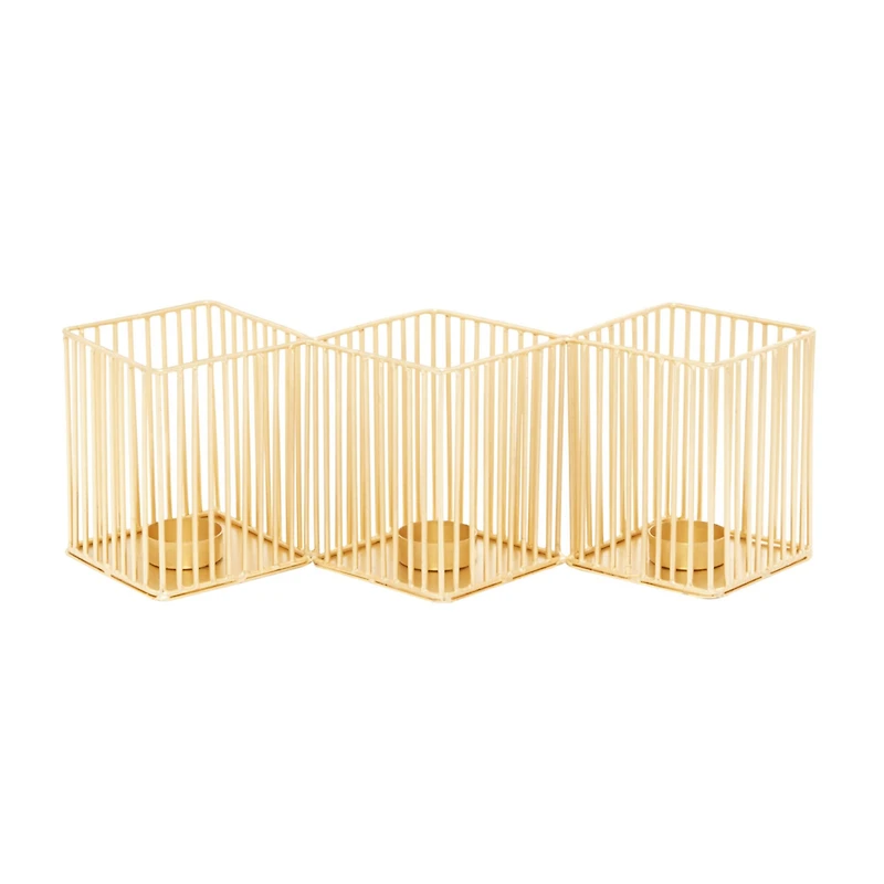 Set of 3 Gold Metal Modern Candle Holder, 4.25", 11", 16.25"