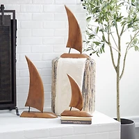 Set of 3 Brown Teak Wood Sail Boat Sculpture 20", 17", 13"