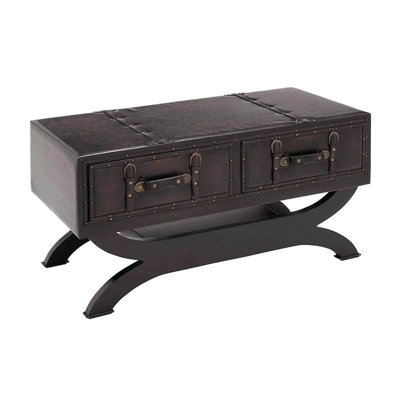 Brown Faux  Leather and Wood Traditional Coffee Table, 21" x 40" x 19"