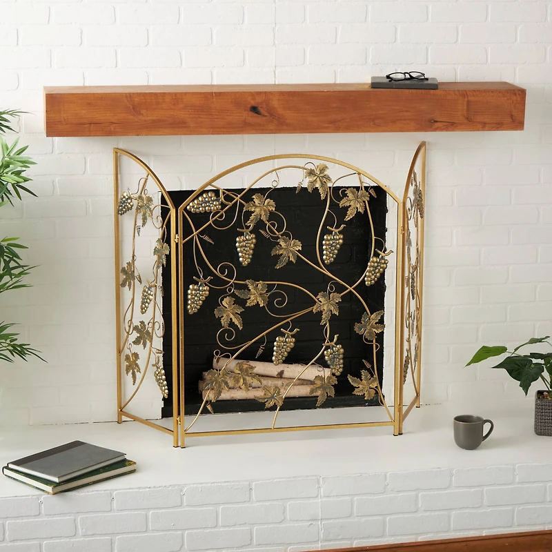 36" Gold Metal Fruit Foldable 3-Panel Fireplace Screen with Leaf Accents