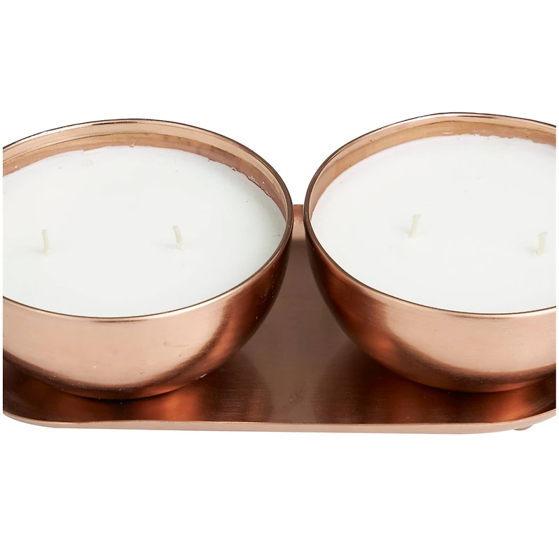 12oz. 2-Wick White Wax Tropical Breeze Scented Candle with Copper Container Bowls and Thin Oval Holding Tray Set