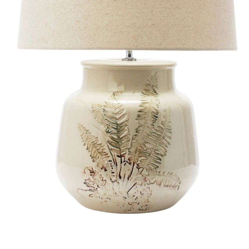 Hello Honey® 22" Cream and Green Reactive Crackle Glaze Debossed Botanical Stoneware Table Lamp with Linen Shade Set