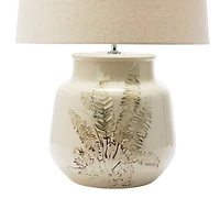 Hello Honey® 22" Cream and Green Reactive Crackle Glaze Debossed Botanical Stoneware Table Lamp with Linen Shade Set