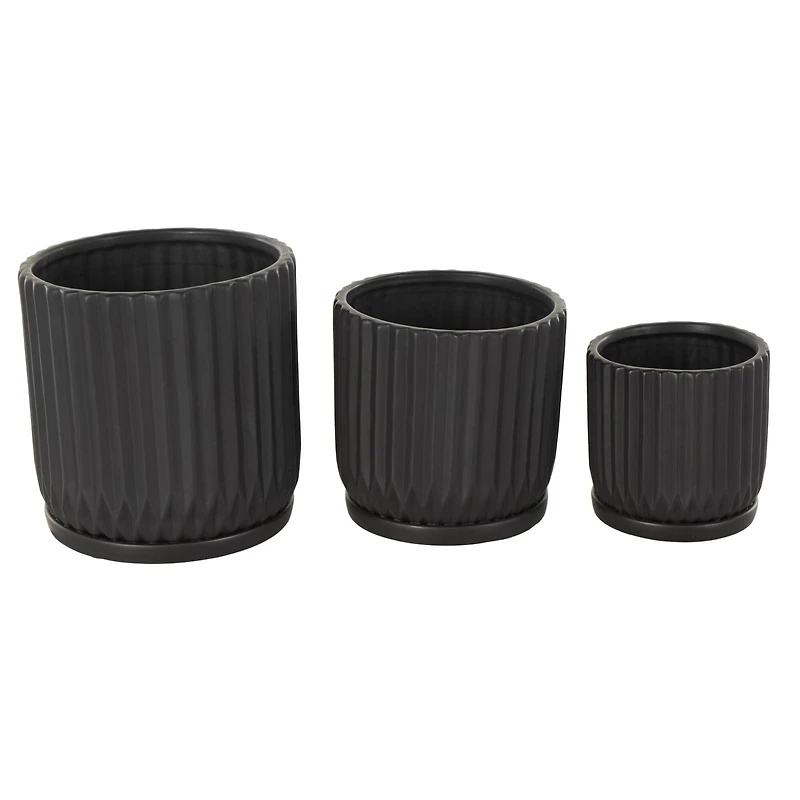 Black Ribbed Textured Ceramic Planter Set