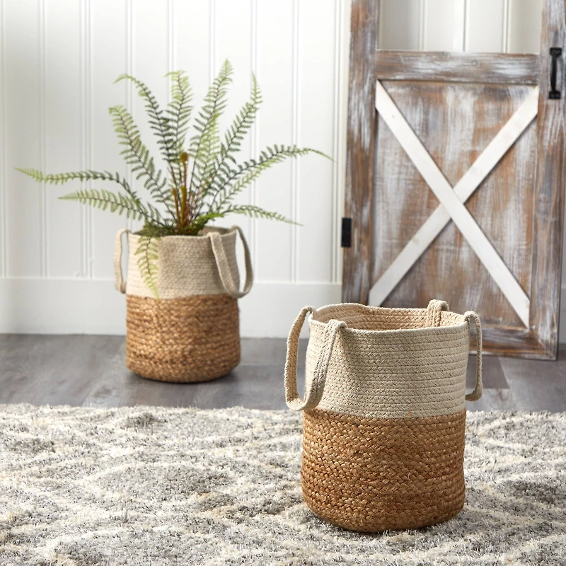 12.5" Handmade Natural Jute & Cotton Basket Planter