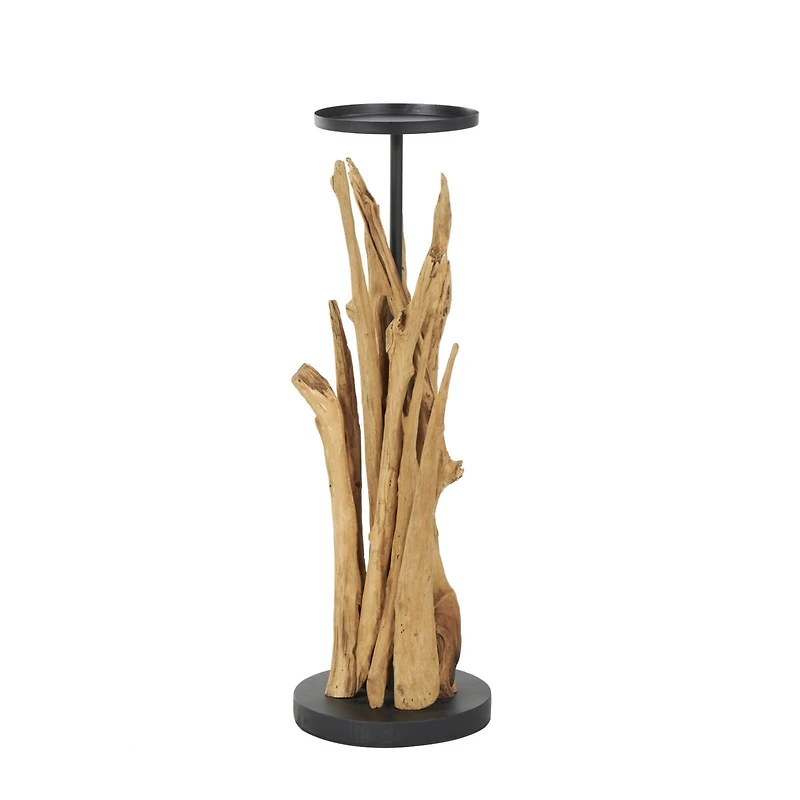 31" Brown Teak Wood Handmade Tall Tree Branch Floor Candle Holder with Black Metal Accents
