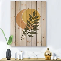 Designart - Abstract Geometrical Sun and Moon With Leaf V - Modern Print on Natural Pine Wood