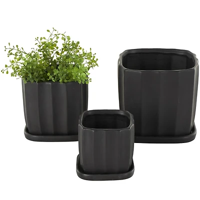 Black Square Wide Groove Textured Ceramic Planter Set