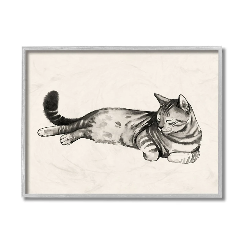 Stupell Industries Sleeping Striped Cat Minimal Relaxed Pet in Gray Frame Wall Art