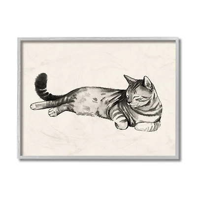Stupell Industries Sleeping Striped Cat Minimal Relaxed Pet in Gray Frame Wall Art