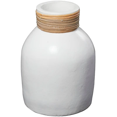 11" White Ceramic Vase with Wrapped Rattan Detailing