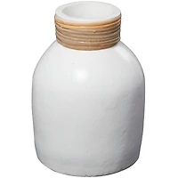 11" White Ceramic Vase with Wrapped Rattan Detailing