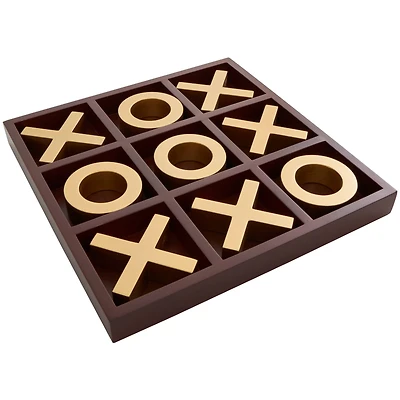 14" x 14" Brown Wooden Tic Tac Toe Game Set with Gold X & O Pieces