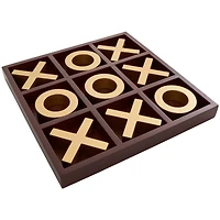 14" x 14" Brown Wooden Tic Tac Toe Game Set with Gold X & O Pieces
