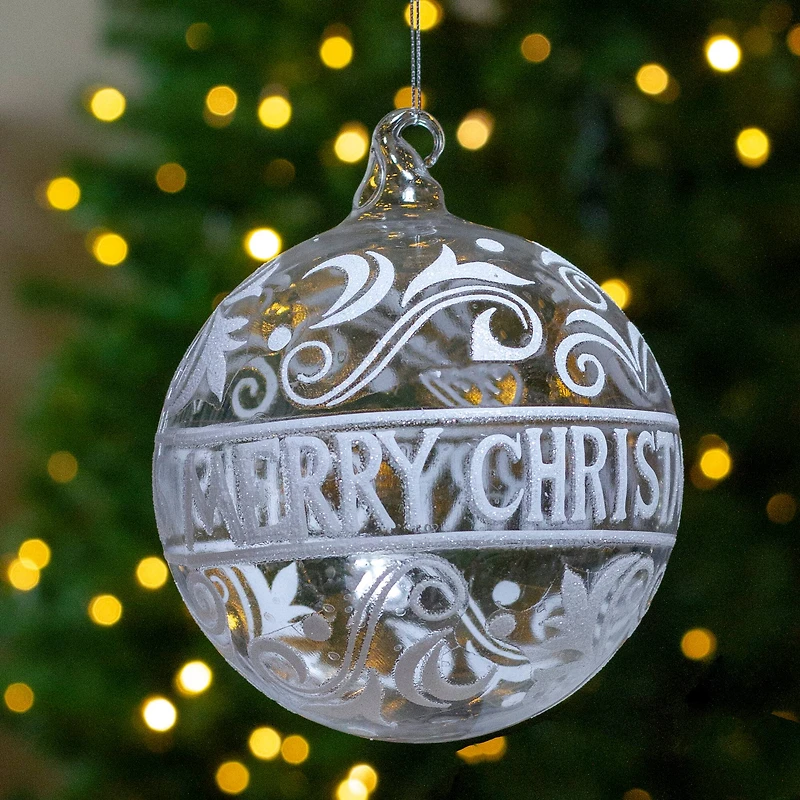 6" Clear & White "Merry Christmas" Glass Ball Ornament