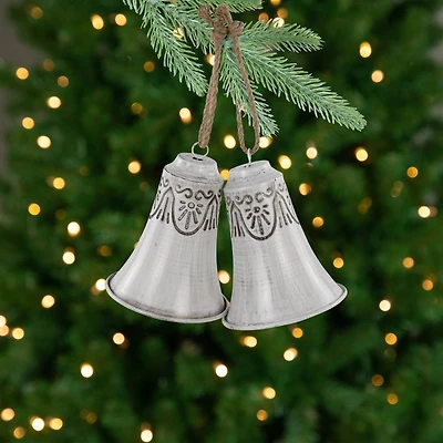 Embossed Bells Christmas Ornaments - 6" - Gray and White - Set of 2