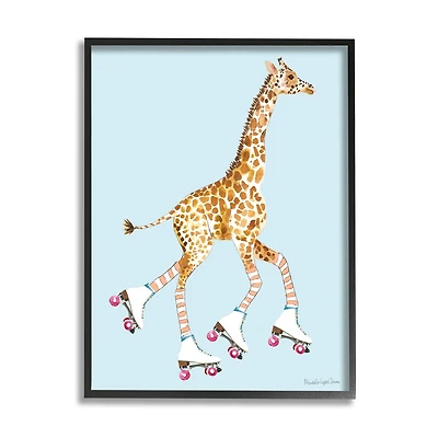 Stupell Industries Funky Giraffe Roller Skates Pink Wheels Striped Socks Framed Wall Art