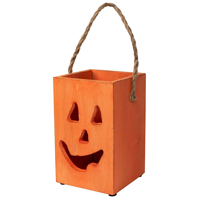 8" Large Orange Wood Jack-O-Lantern Halloween Candle Lantern