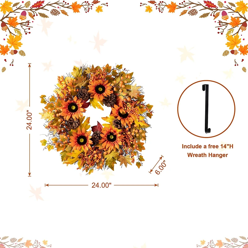 Glitzhome® 24" Fall Sunflower, Maple Leaf &  Berry Wreath