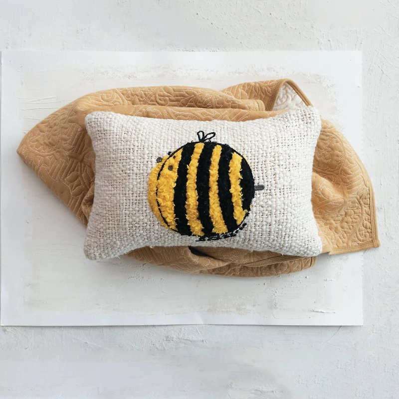 Hello Honey® White & Yellow Embroidered Bee Woven Cotton Lumbar Pillow