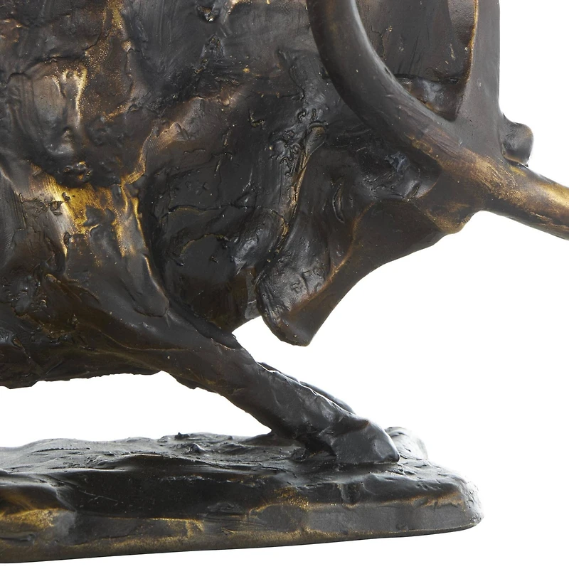 14.5" Black Polystone Bull Distressed Textured Decorative Sculpture with Gold Accents