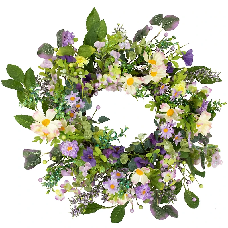 24" Purple Daisy & Mixed Foliage Floral Spring Wreath