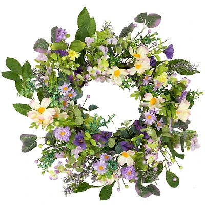 24" Purple Daisy & Mixed Foliage Floral Spring Wreath